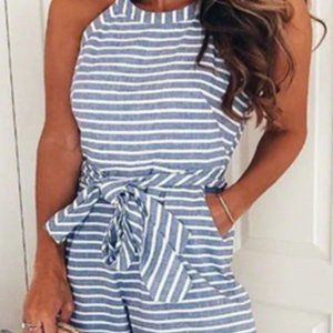 Striped Waist Belted Wide Leg Jumpsuit
